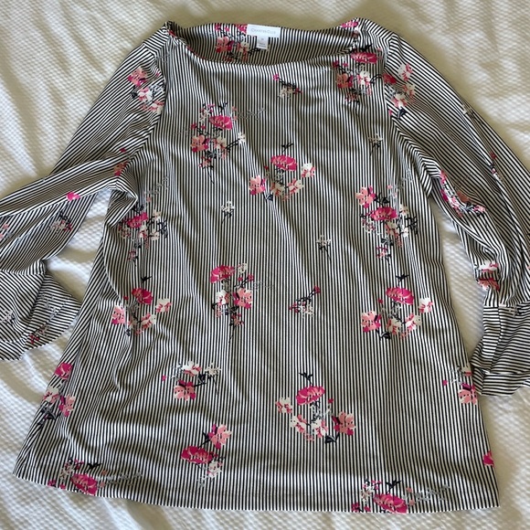 Charter Club Floral Striped Blouse with Red Floral Pattern And Bell Sleeves - Picture 6 of 11